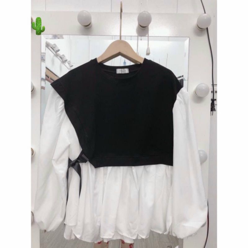 [CLIP THẬT] [HÌNH THẬT] Áo babydoll phối thun in chữ 2 MÀU ĐEN VÀ NÂU  kèm video thật UK144212