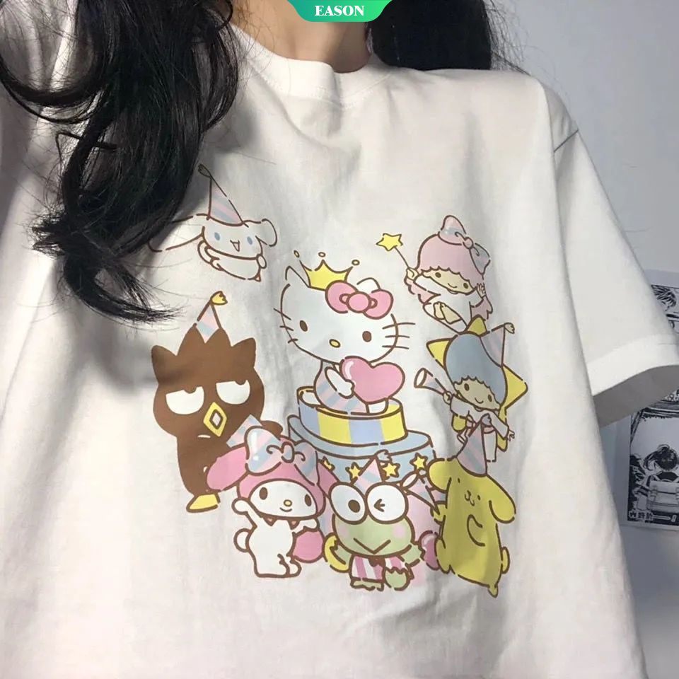 SANRIO Hoạt Hình Áo Thun Tay Ngắn Dáng Rộng In Hình Mèo Hello Kitty Melody Dễ Thương Thời Trang Mùa Hè Cho Nữ