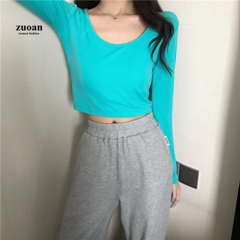 SUXI Áo thun dài tay cổ tròn nhiều màu sắc thời trang nữ đơn giản