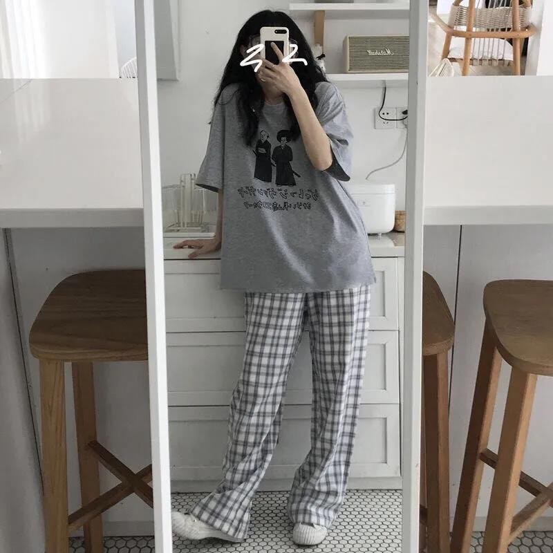 quần caro quần ống rộng Plaid pants casual pants Quần dài ống suông rộng in caro thời trang retro mùa hè Hàn