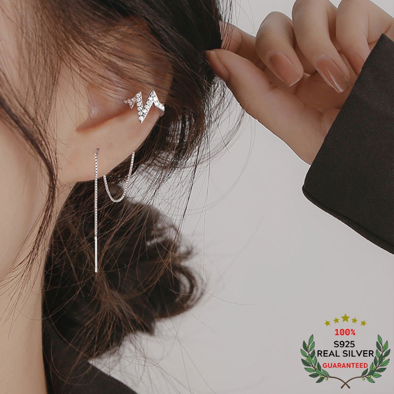 Bông Tai Bạc S925 Ear Cuff Kẹp Vành Nhịp Tim Sợi Thả Trẻ Trung Cá Tính | Khuyên Tai Nữ Trang Sức Bạc Thời Trang