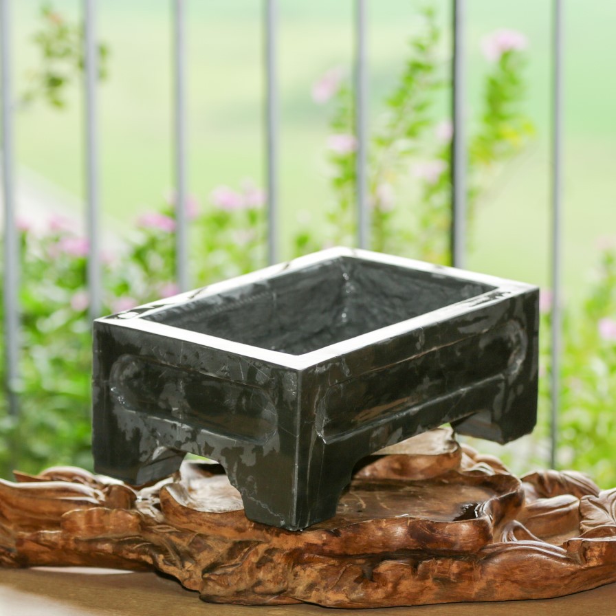 Chậu trồng bonsai mini đá xanh đen nguyên khối đục khuôn tranh bằng tay 4 mặt, KT: 30x20x12