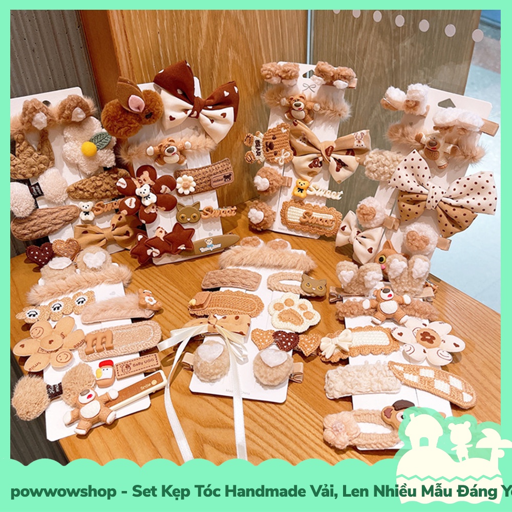 [Sẵn VN - Hỏa Tốc] Set Kẹp Tóc Handmade Vải, Len Nhiều Mẫu Đáng Yêu Hoạt Hình Warn White &amp; Brown
