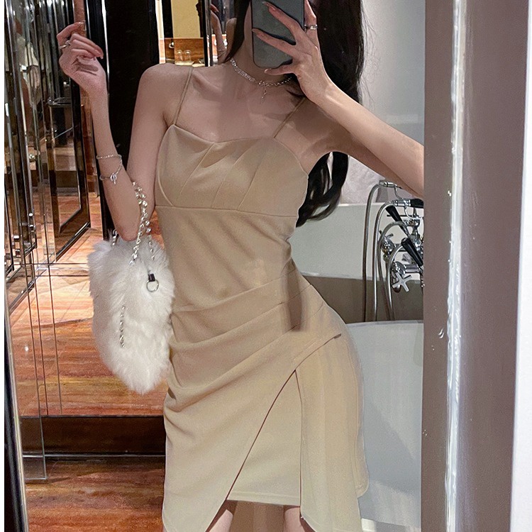 Đầm 2 dây ZHELIHANGFEI dáng ngắn màu trơn gợi cảm cao cấp