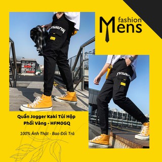 Quần jogger nam kaki túi hộp phối vàng - quần jogger nữ kaki pha cotton thô mỏng