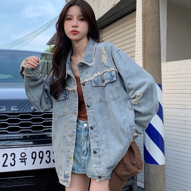 Áo khoác jean ulzzang denim nữ unisex, áo khoát jacket nữ chất denim tưa viền 3751