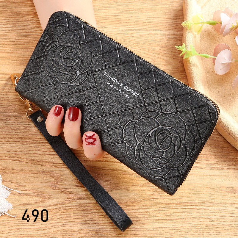Ví Dài Nữ Cầm Tay Khóa Kéo 490 Dập Vân Bông Hoa Siêu Sang Chảnh - Hazo