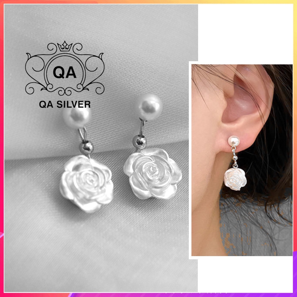 Khuyên tai bạc 925 hoa trà ngọc trai nhân tạo bông nữ S925 FLORA PEARL QA SILVER EA220806