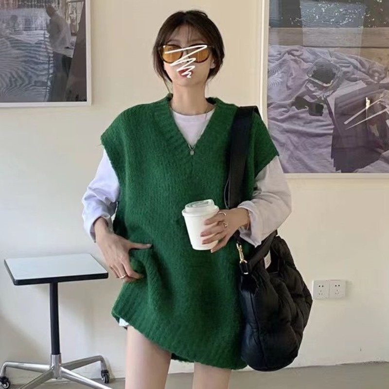 Áo Sweater Dệt Kim Không Tay Cổ Chữ v Phong Cách Hàn Quốc Dành Cho Nữ
