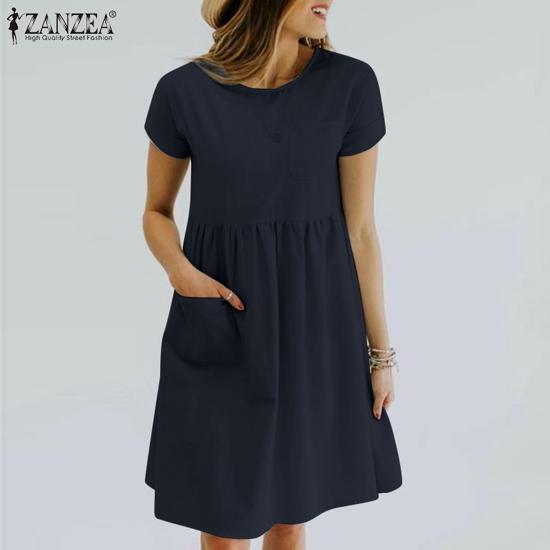 Đầm ZANZEA tay ngắn cổ tròn màu trơn dáng rộng thời trang cho nữ