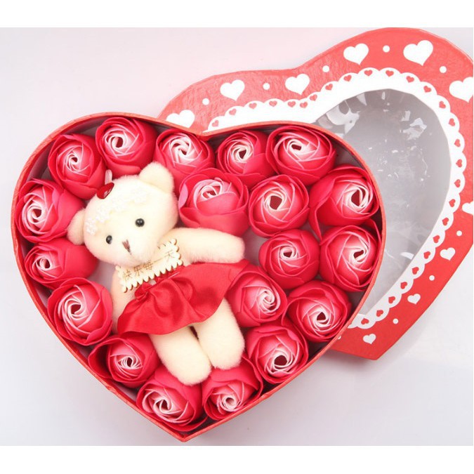 Hộp quà tặng Hoa Hồng Sáp thơm hình trái tim (20 bông) kèm Gấu yêu HQ2