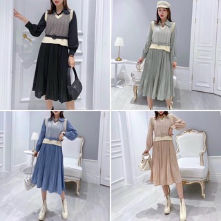 Set gile váy cổ đức chân dập ly kèm đai