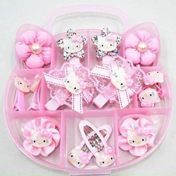 Hộp dây và kẹp tóc kitty hồng siêu đáng yêu cho bé gái làm quà tặng