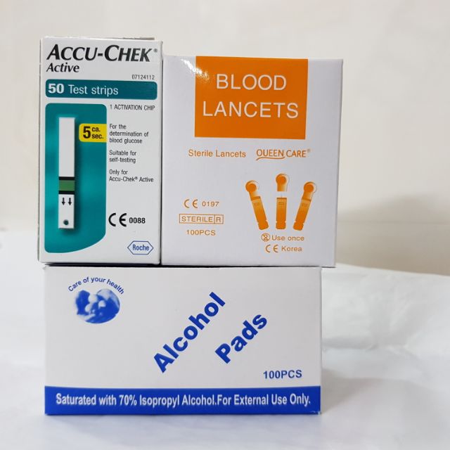 Bộ 50 que thử tiểu đường AccuChek Active + hộp 100 kim dẹp lấy máu + 100 cồn khô