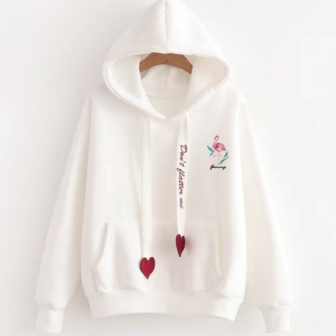 Áo Hoodie Tay Dài Thêu Hình Hồng Hạc