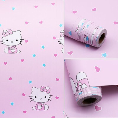 Gấy dán tường Hello kitty hồng trái tim khổ 45cm có keo sẵn (giá bán 1 mét dài), giấy decal dán tường phòng ngủ cho bé