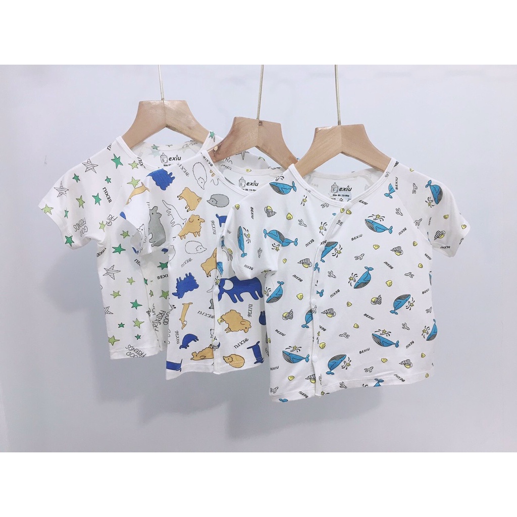 [Bé 3-9kg] Áo cài lệch sơ sinh ngắn tay in toàn thân Bexiu Bé xíu cho bé trai, bé gái từ 3-9kg