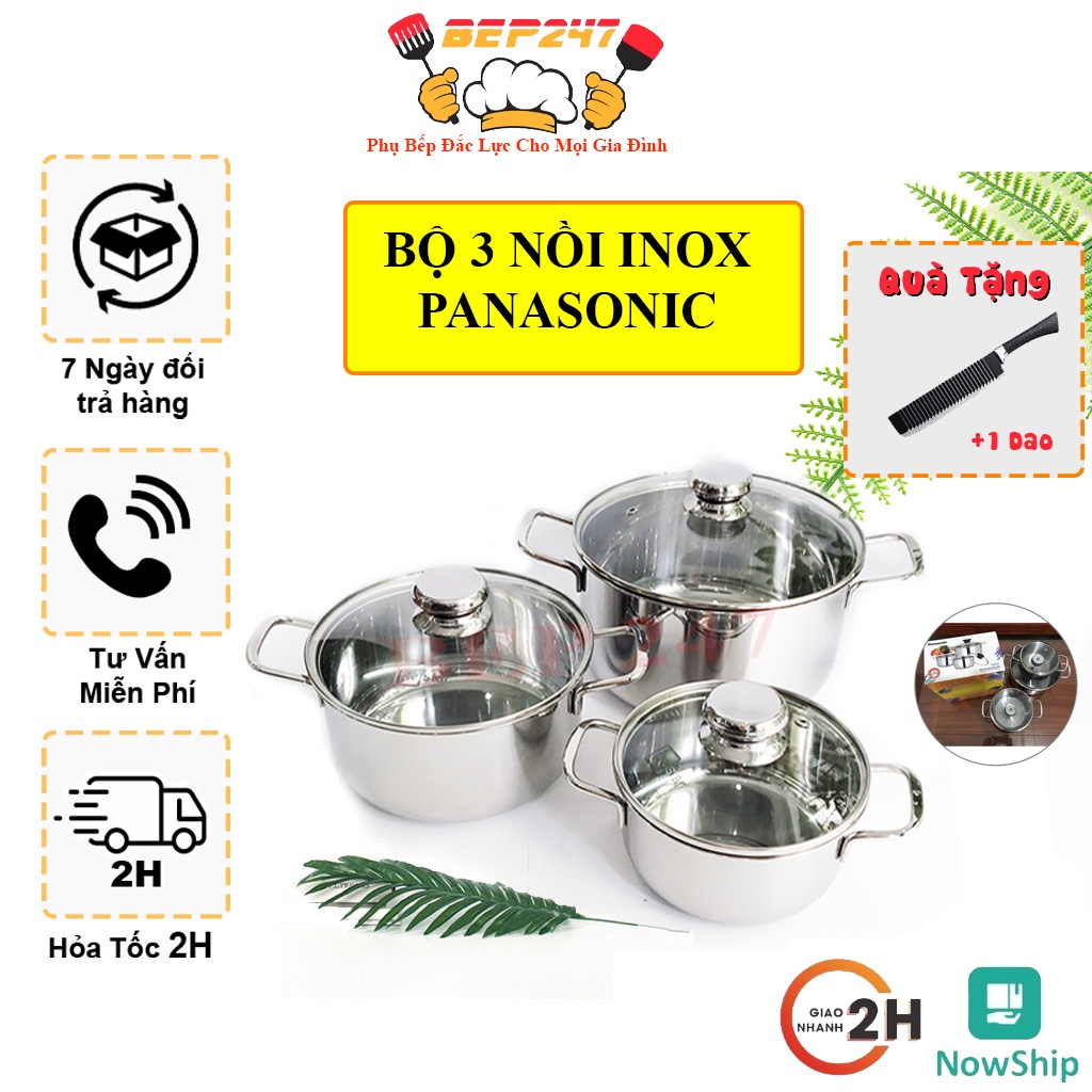 Bộ 3 Nồi Đáy Từ Panasonic Nắp Kính Dùng Cho Mọi Loại Bếp - Chất Liệu Inox 401 Siêu Bền