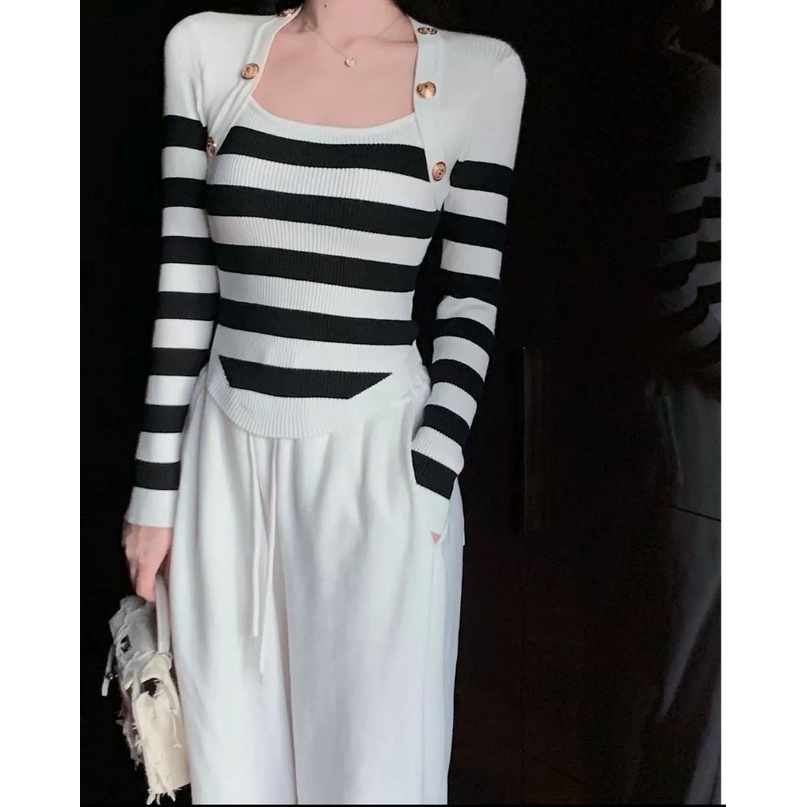 COZOK Áo sweater Tay Dài Dáng Ôm Kẻ Sọc Thời Trang Dễ Phối Đồ