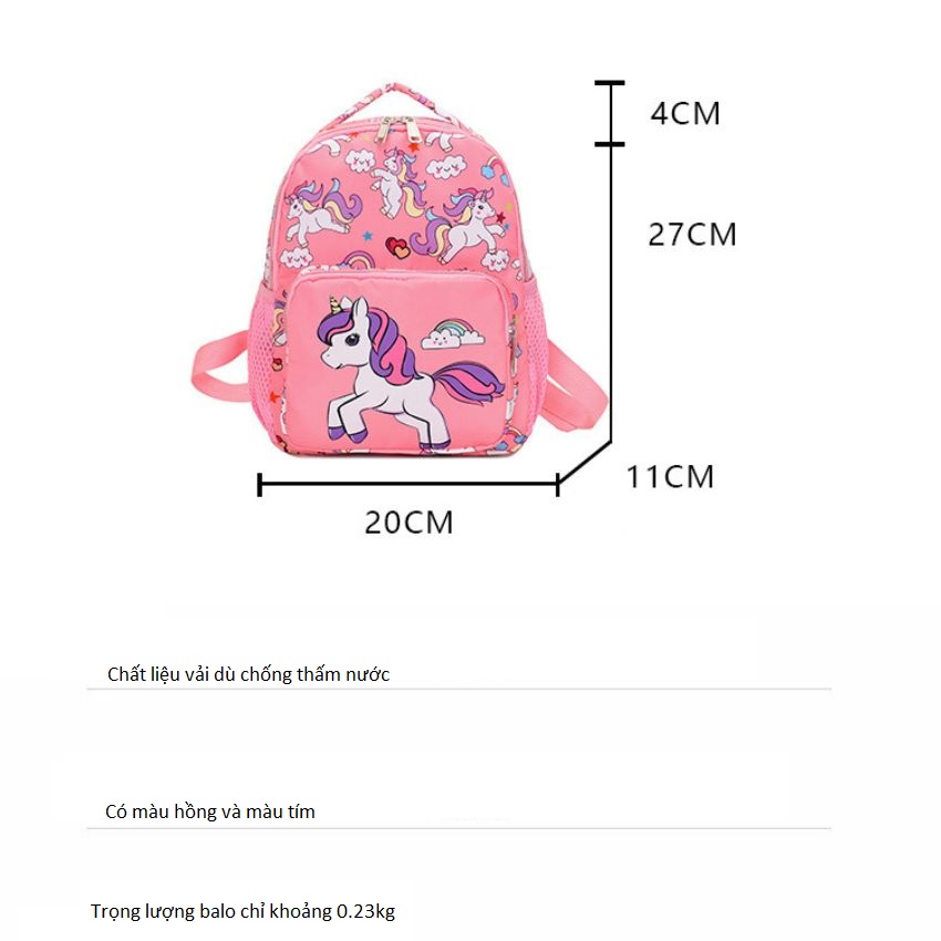 Cặp balo học sinh nữ đi học mầm non in hình Kỳ Lân dễ thương size 27cm chất liệu vải dù chống nước, chống xước cao cấp