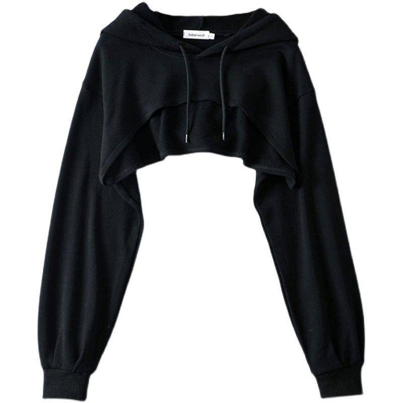 Áo Thun Lửng Tay Dài Có Mũ Trùm Màu Đen Lưng Cao Dễ Phối Đồ Phong Cách Thể Thao 20 Màu Cho Nữ 0119