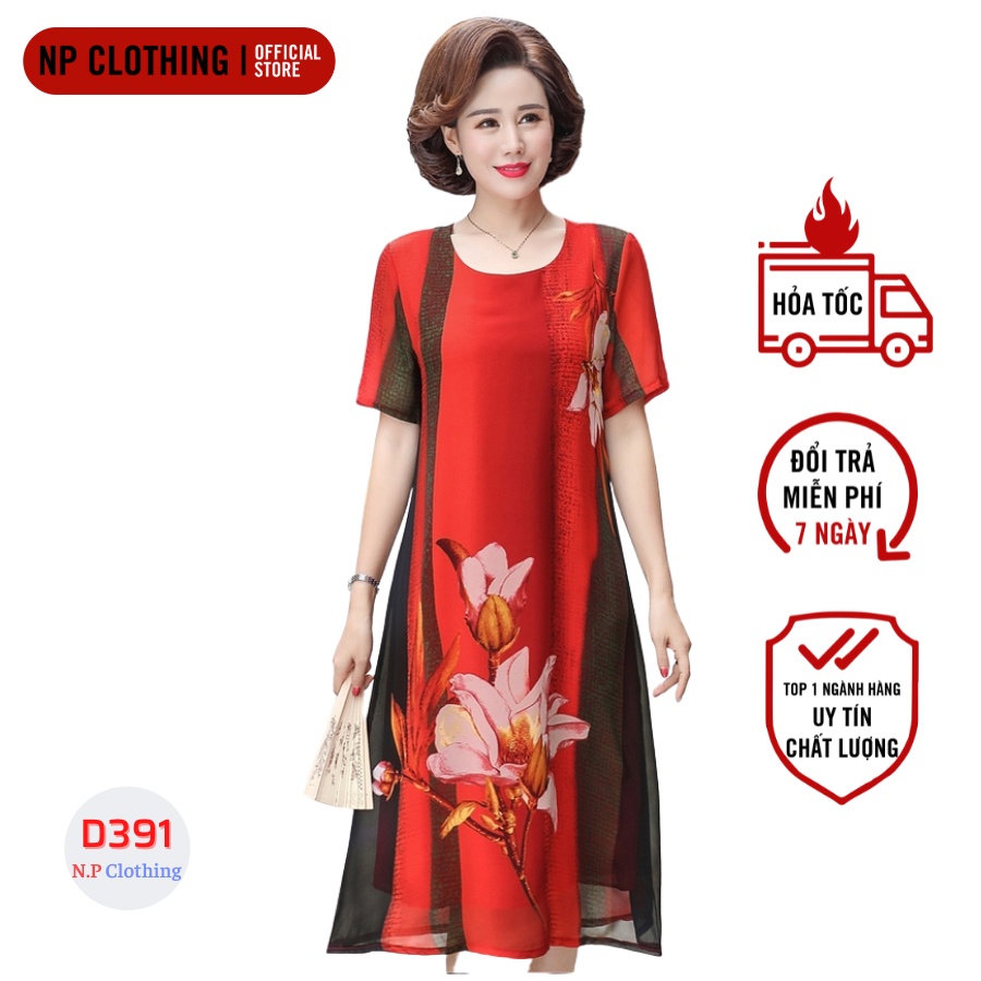 Đầm Trung Niên D391, Mẫu Váy Hoa Cho Mẹ Cổ Tròn Form Suông Ngắn Tay Trang Nhã Thoải Mái | Thời Trang Trung Niên U50+