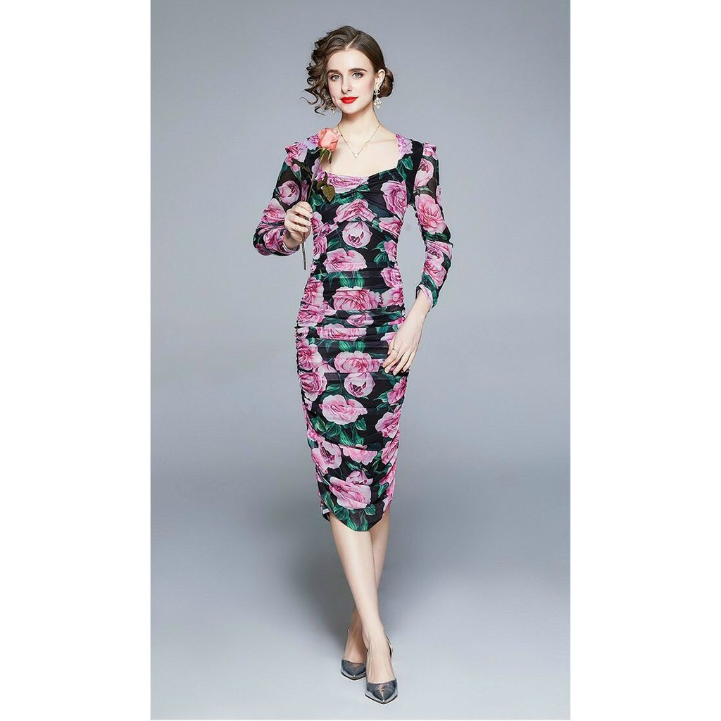 HÀNG QC - ĐẦM BODY THUN LƯỚI IN HOA HỒNG TÍM SANG TRỌNG