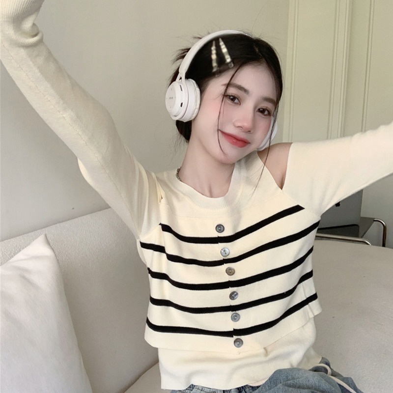 Áo Len Dài Tay Trễ Vai Họa Tiết Sọc Ngang Thời Trang Dành Cho Nữ