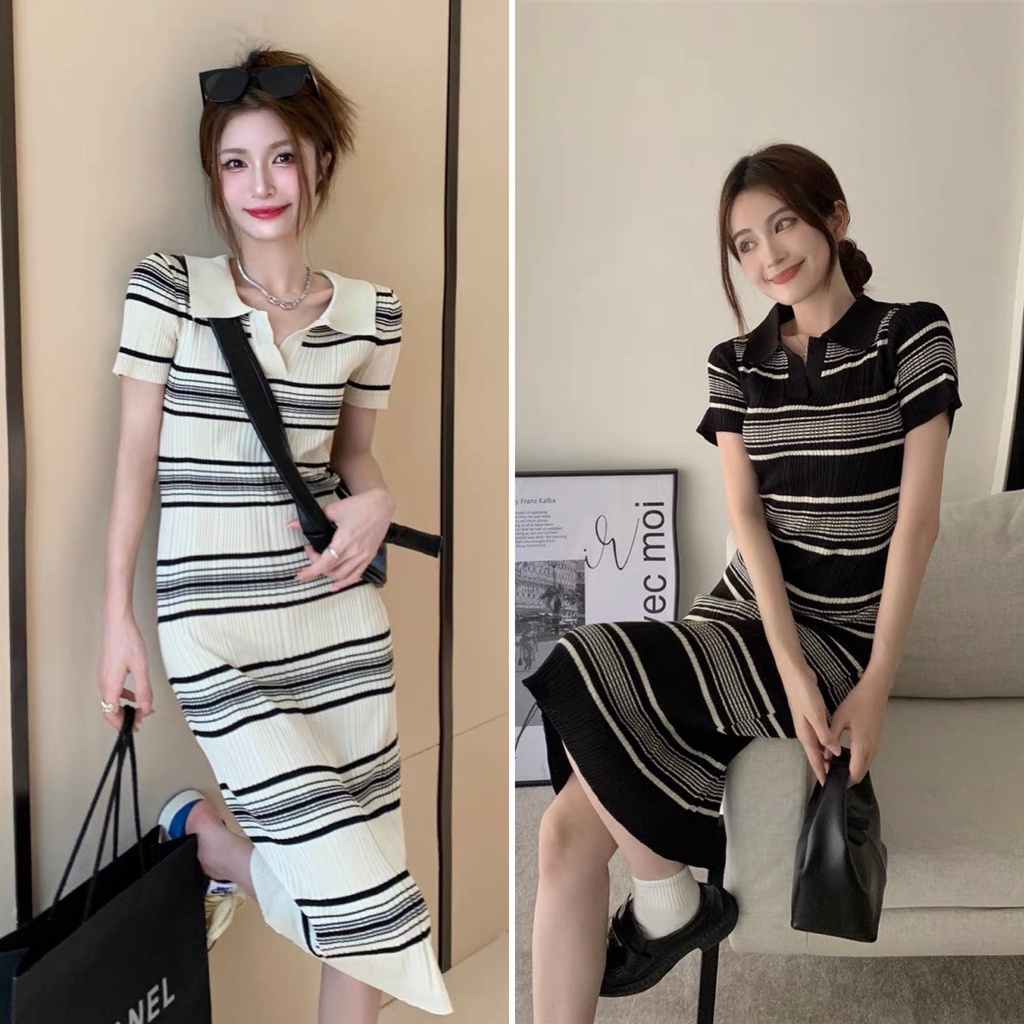 Váy len maxi kẻ ngang cổ bẻ sang chảnh