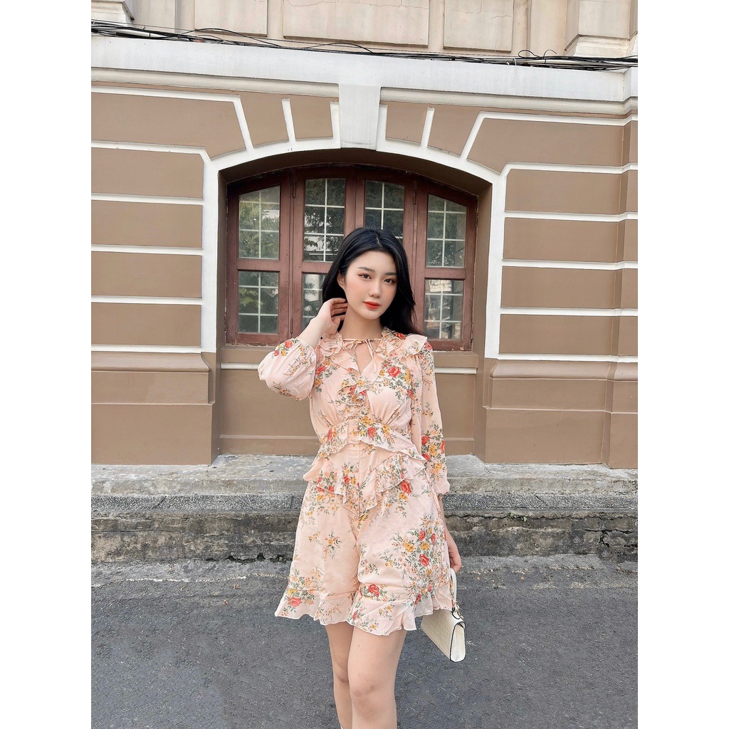 Jumpsuit hoa Vải voan may 2 lớp-Cổ tầng nơ cổ-tôn dáng, dễ dàng di chuyển-Diện đi chơi, dạo phố, đi tiệc