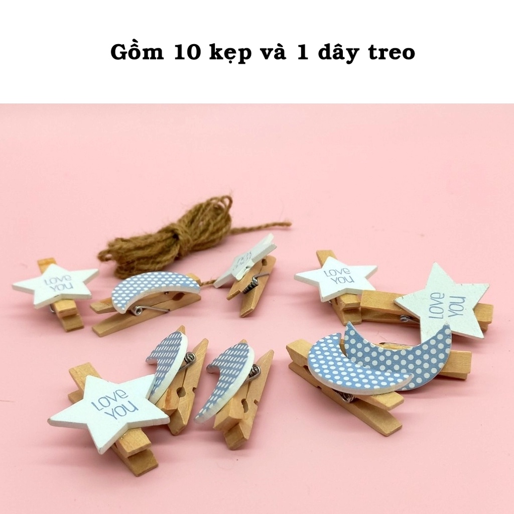 Kẹp gỗ treo ảnh gói 10 chiếc hình trăng sao kèm dây trang trí sinh nhật, treo ảnh, kẹp giấy note tại Tú Vy Studio