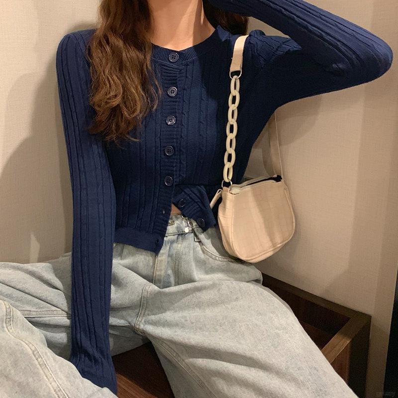 Áo Khoác Cardigan Dài Tay Màu Trơn Phong Cách Retro Hàn Quốc