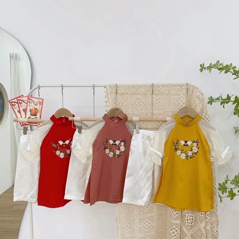 Áo dài cho bé gái từ 1-6 tuổi chất liệu lụa mềm hoa điểu hương kèm quần diện Tết siêu xinh(AA1)