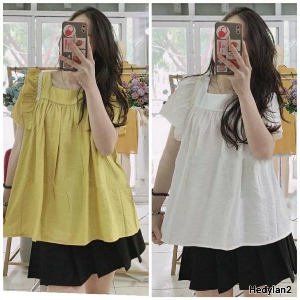 Áo bầu dáng suông thiết kế tay bèo viền ren xinh xắn dễ thương có khóa cho con bú sau sinh A23