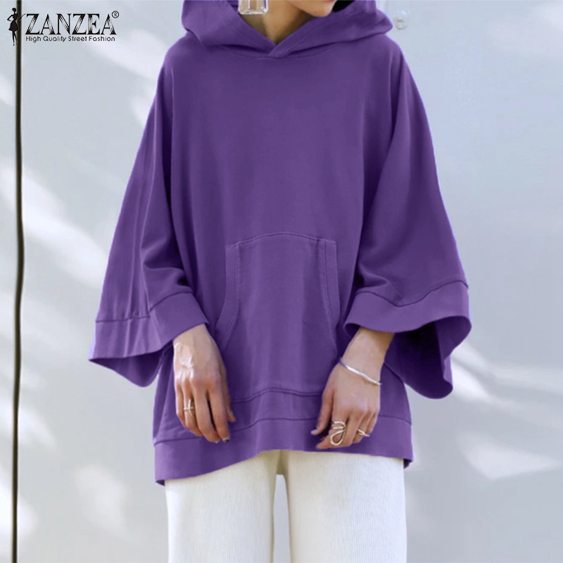 Áo hoodie ZANZEA màu trơn tay áo rộng phối túi mặt trước thời trang mùa đông cho nữ