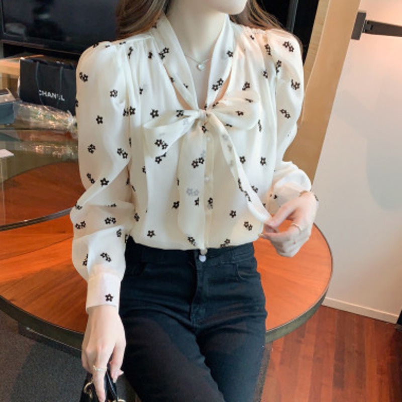 Áo Sơ Mi Dài Tay Thắt Nơ Cổ Thời Trang Cá Tính 156452 Áo Sơ Mi Hoa Dáng Rộng Thiết Kế Cổ Điển Thời Trang