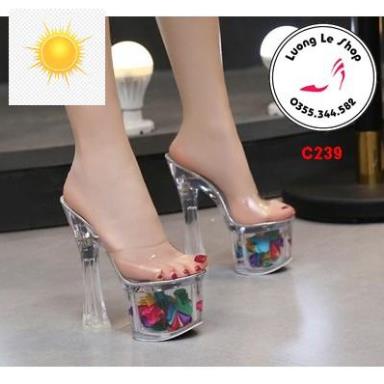 Giày cao gót 18cm và 20cm gót to quai trong hở mũi đế hoa và đế trong ms C239
