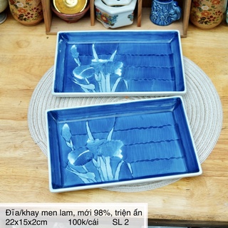 Đĩa/khay sứ chữ nhật men lam - gốm sứ nhật bản
