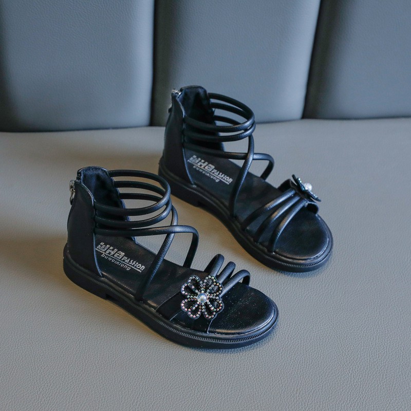 Giày sandal bé gái 3 - 10 tuổi kiểu cổ cao, quai chéo kết hợp khóa kéo da mềm thời trang