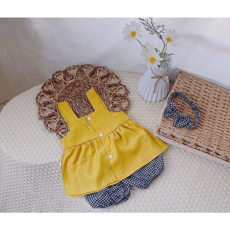 [ XẢ HÀNG] Bộ hè bé gái, bộ áo 2 dây chất đũi cài cúc phối quần thô kẻ và turban cho bé
