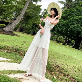Đầm 2 dây 2 tầng lưới 2 mảnh hở lưng đan dây chéo mặc đi biển gợi cảm ulzzang ( 2 màu )