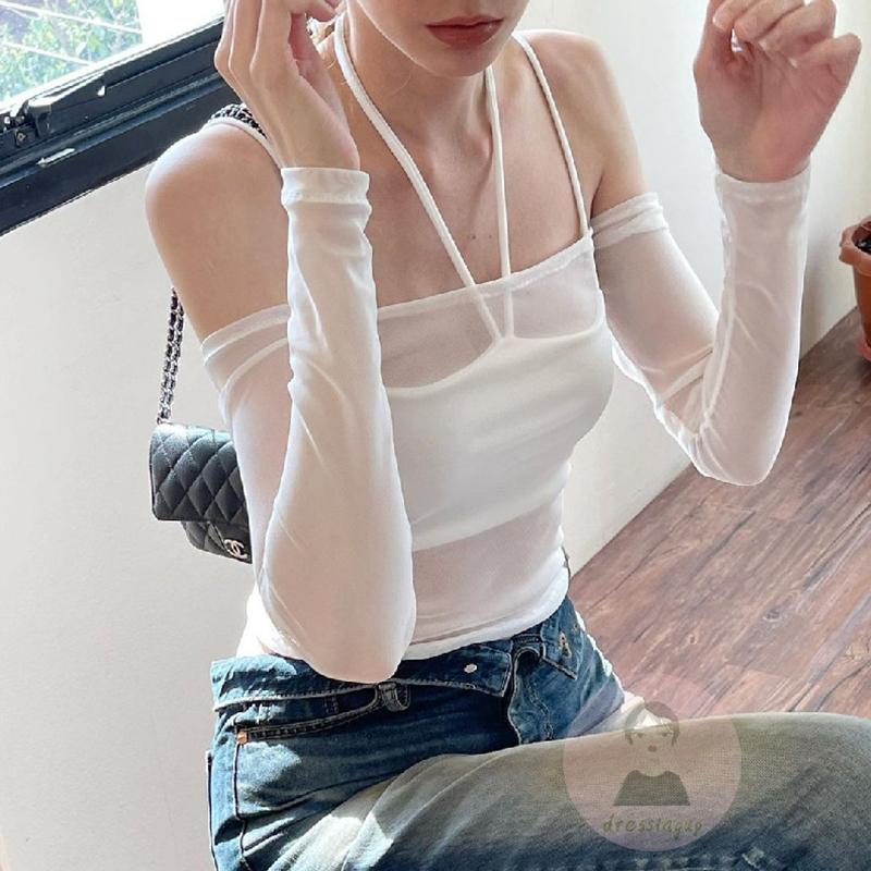 Set Áo Croptop Sát Nách + Áo Tay Dài Trễ Vai Màu Sắc Thanh Lịch Dành Cho Nữ