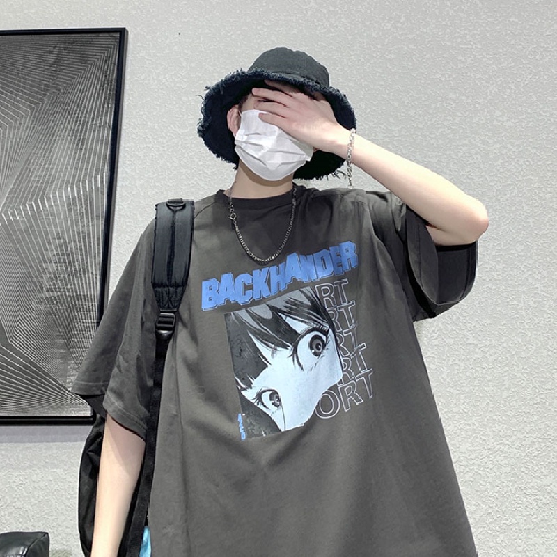 Áo thun tay ngắn cổ tròn dáng rộng họa tiết hoạt hình phong cách Hàn Quốc sành điệu cho nam size lớn S-8XL