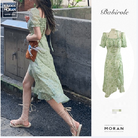 (ORDER) Váy MORAN voan hoa xanh loang nhạt hở vai cổ vuông thun eo nhún bèo đuôi cá (NEW_HOT)