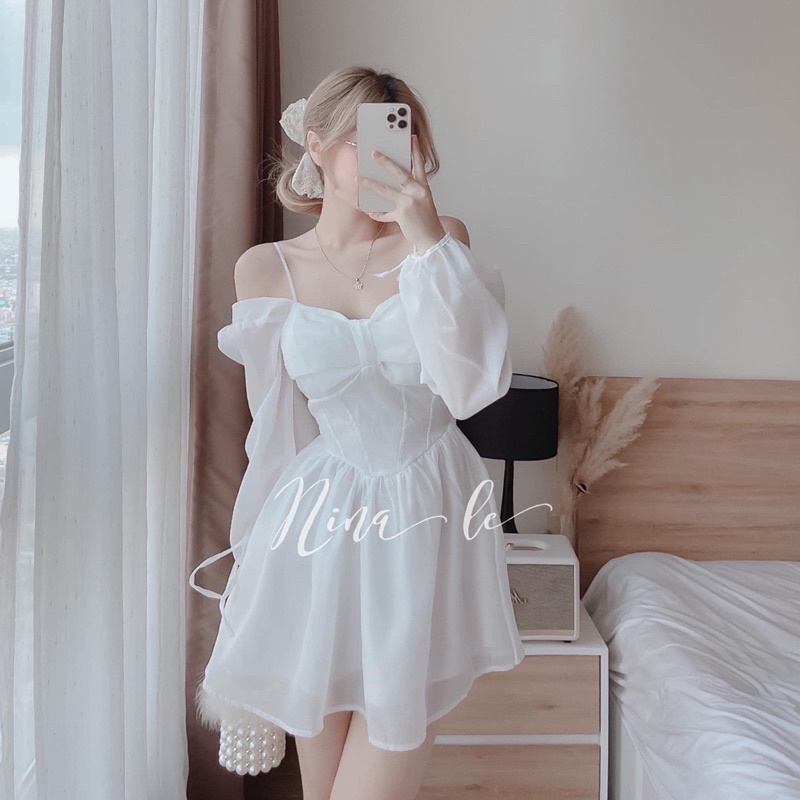 Váy đầm nữ cúp ngực 2 dây trễ vai dài tay nơ siêu xinh váy trắng | BigBuy360 - bigbuy360.vn