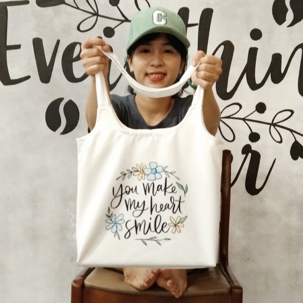 Túi tote, vải canvas 100% poli cao cấp, phong cách thời trang ulzzang, có khoá miệng xịn xò YOU MAKE MY HEART SMILE K34