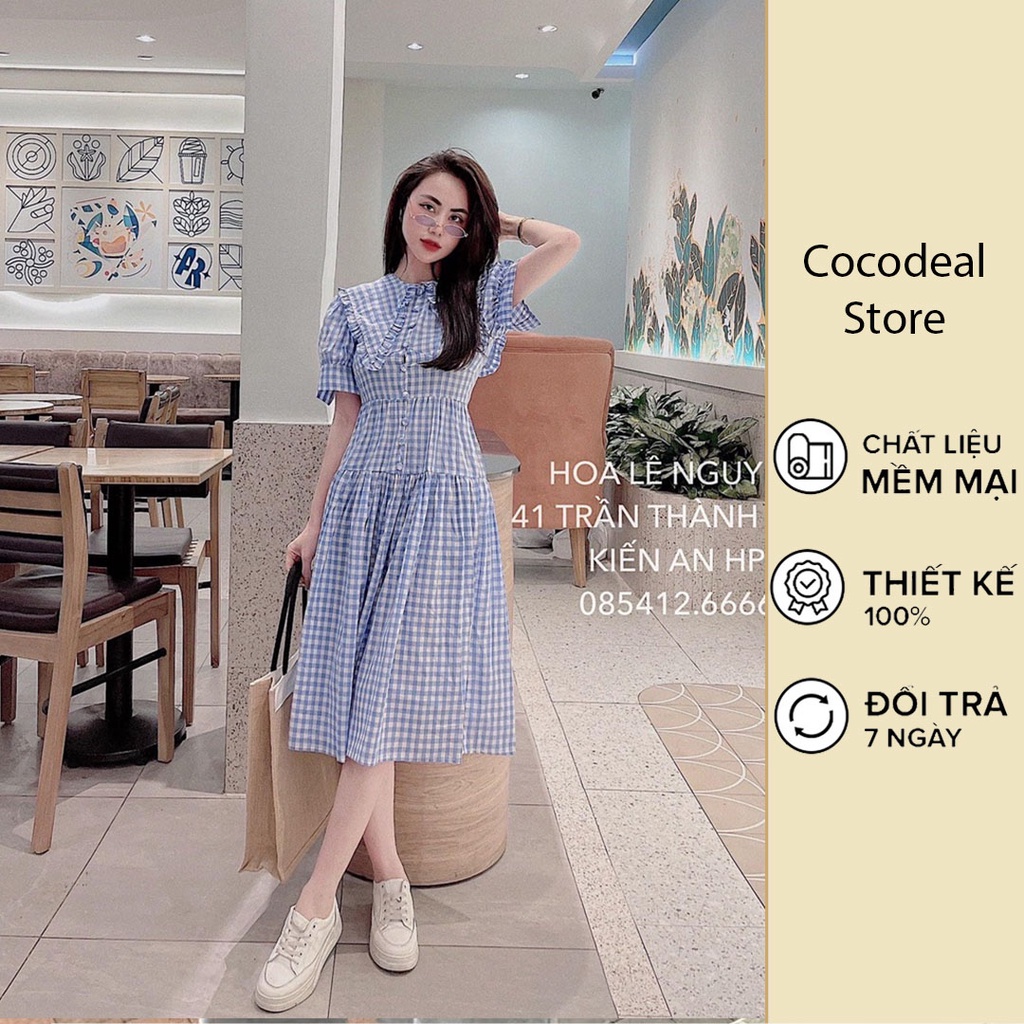 Váy Nữ Kẻ Caro Xanh Cộc Tay Dáng Xoè Khuy Ngực Hàn Quốc, Freesize Dưới 62Kg, Hàng Loại 1