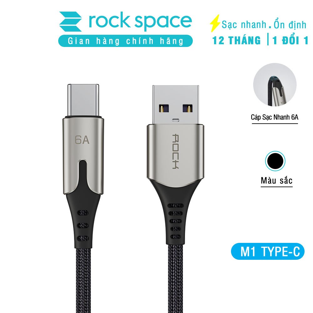 Dây cáp sạc nhanh TypeC Rockspace M1 dây dù sạc nhanh 6A cho samsung oppo, độ dài 1m, hàng chính hãng bảo hành 12 tháng