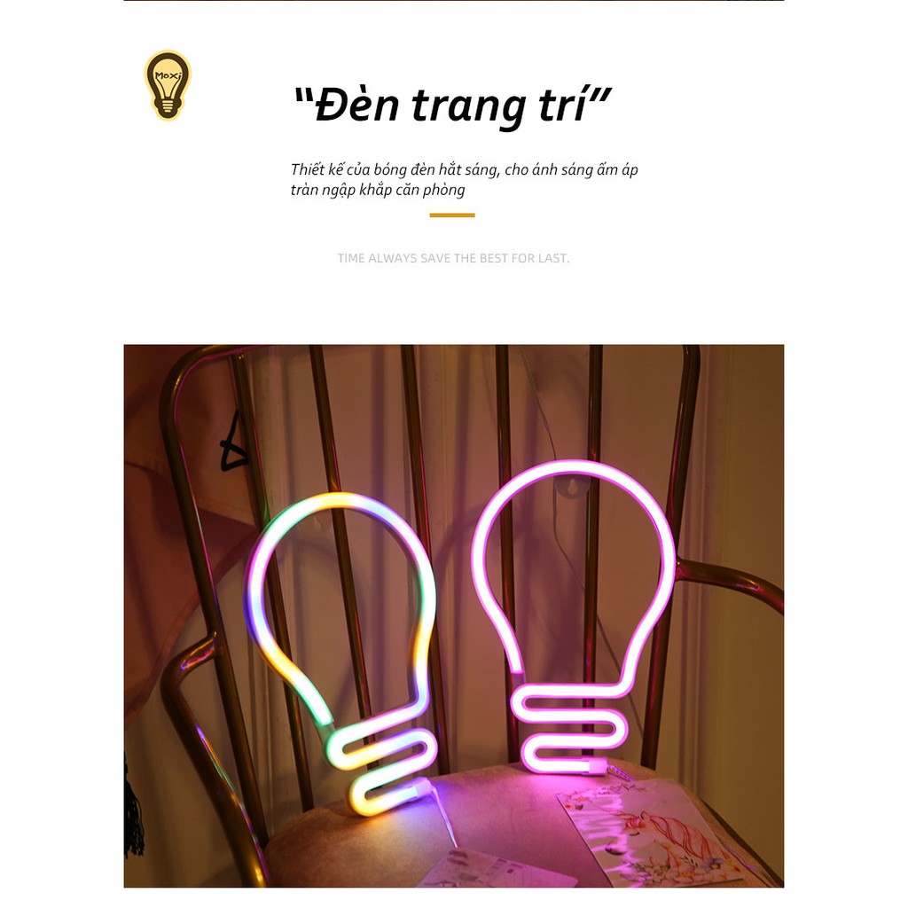 [TẶNG MÓC TREO ]Đèn Led Neon trang trí hình bóng đèn dùng pin hoặc USB -decor phòng học, quán cafe, phòng ngủ MOXI.