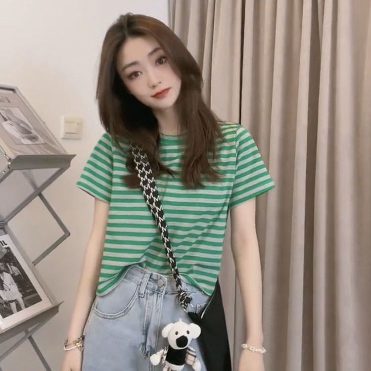 Áo Thun Cotton Tay Ngắn Cổ Tròn Dáng Rộng Họa Tiết Kẻ Sọc Thời Trang Mùa Hè Cho Nữ